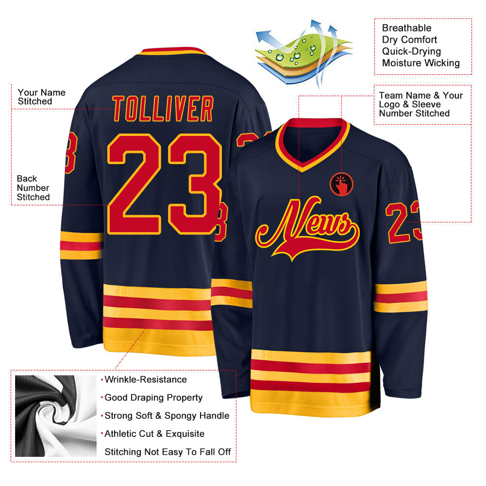Custom Navy Red-Gold So Cool Hockey Jersey