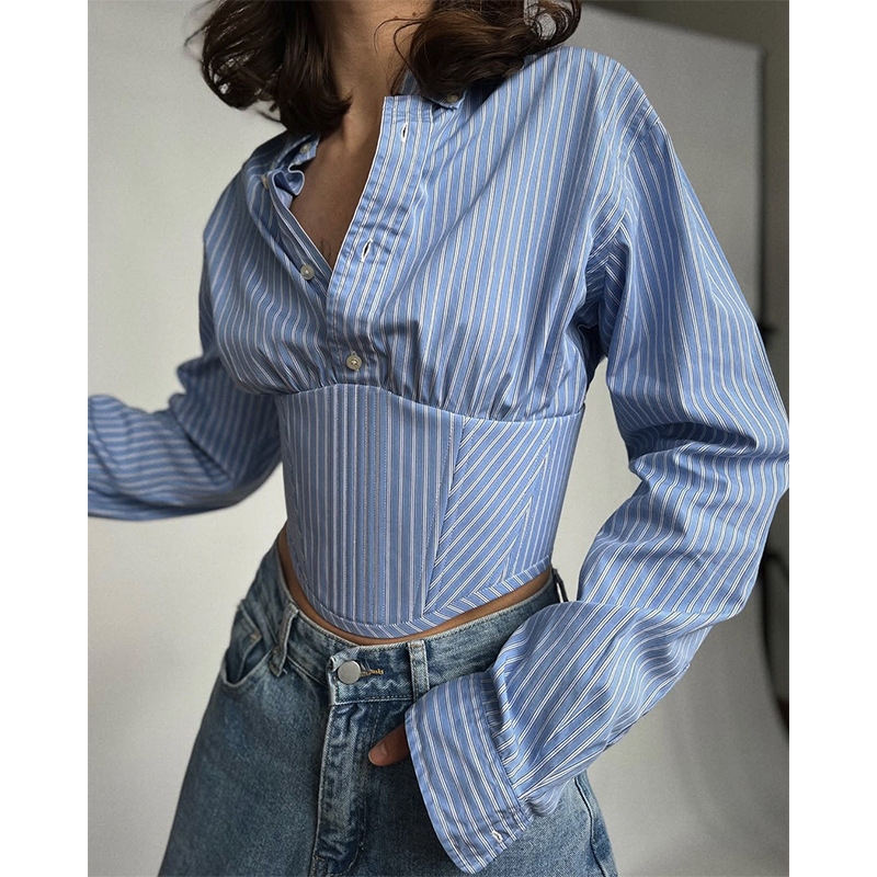 Women Summer Striped Turndown Collar Long-Sleeve Shirt Top