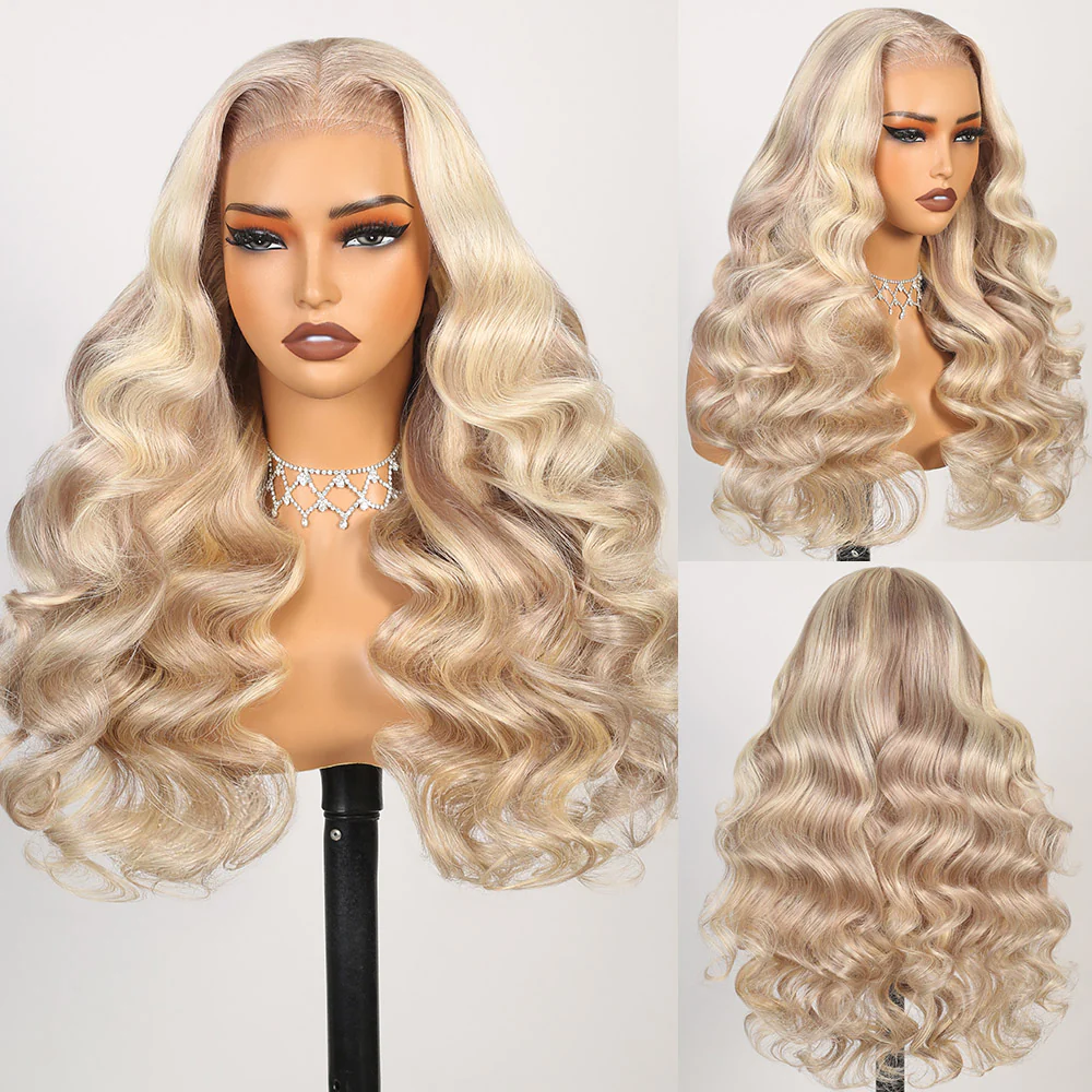 Megalook 6x5 Invisible Knots & 13x4 Lace Frontal Blonde Highlight Loose Body Wave Wigs Invisible Knots