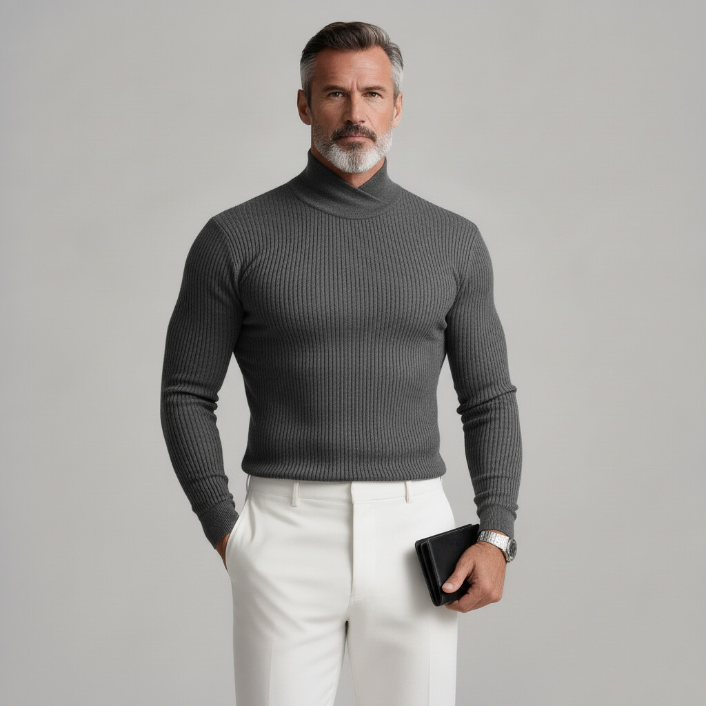Men's Gray Cross High Collar Long Sleeve Ribbed Knit Sweaters