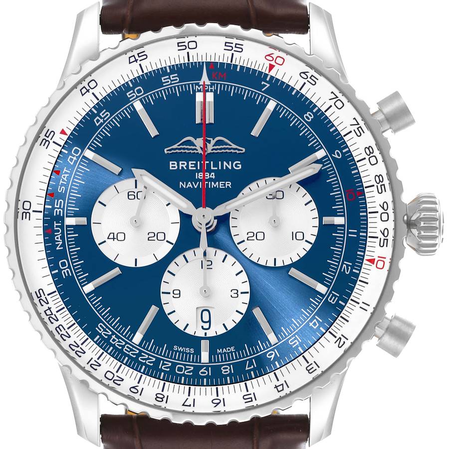 Breitling Navitimer 01 Blue Dial Brown Strap Steel Mens Watch AB0137