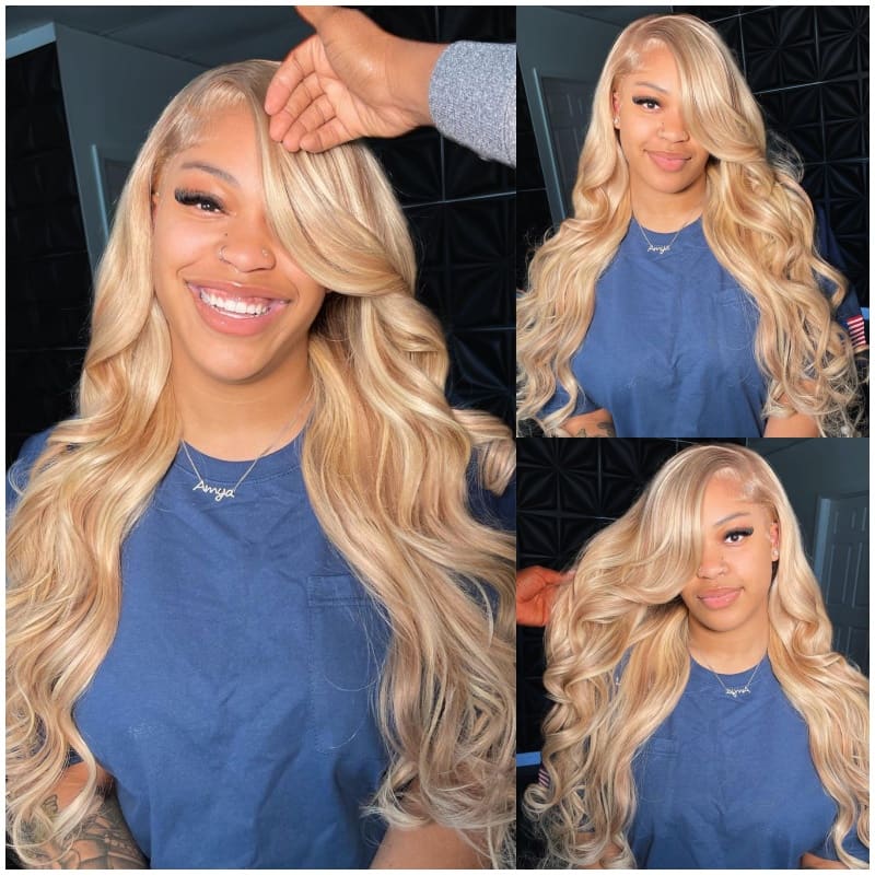 $100 - $50 | New Pop 13x4 Lace Frontal P12/613 Light Brown With #613 Highlight Color Straight Breathable Airy Cap Human Wigs