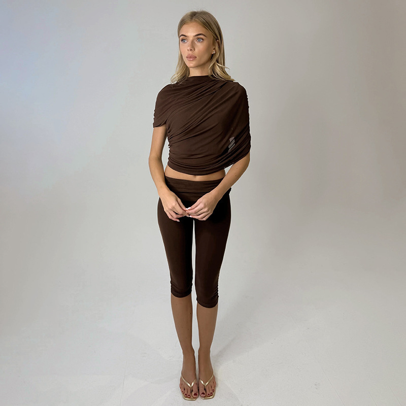 Women Spring Sexy Draped Top and Capri Pants Two-Piece Set