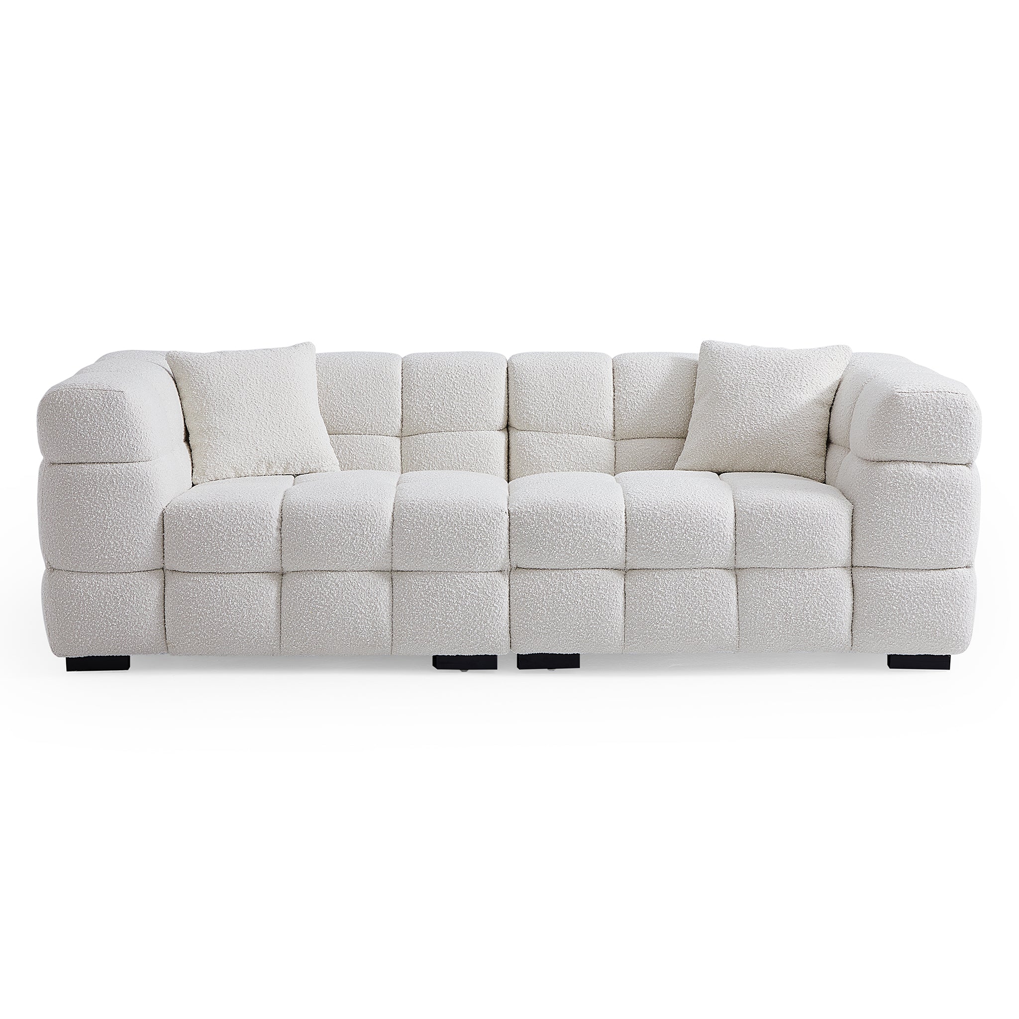 Cushy White Boucle Fabric Tufted Sofa – Ultra-Soft Cloud Sofa with Deep Seats and Textured Finish