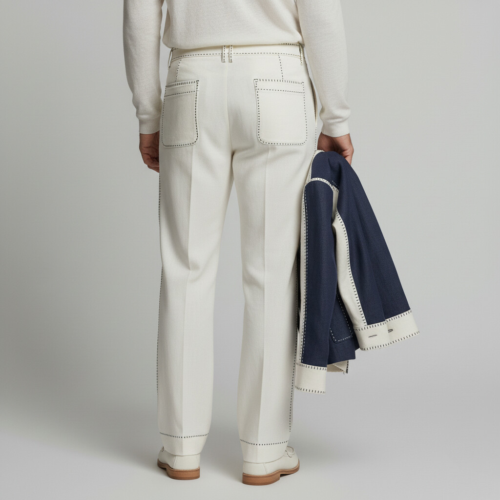 Men's Business Casual White Contrast Stitch Linen Straight Leg Pants