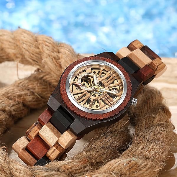 No Battery Fashion Mechanical Wooden Watch for Men, Mechanical Movement Wooden Strap Men's Watch for Father's Day, Birthday M808