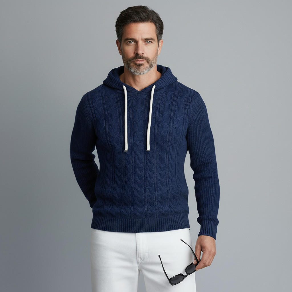 Men's Navy Blue Cable Knit Long Sleeve Drawstring Hooded Sweater