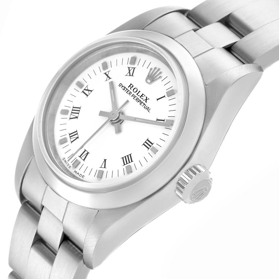 Rolex Oyster Perpetual White Roman Dial Smooth Bezel Steel Ladies Watch 76080