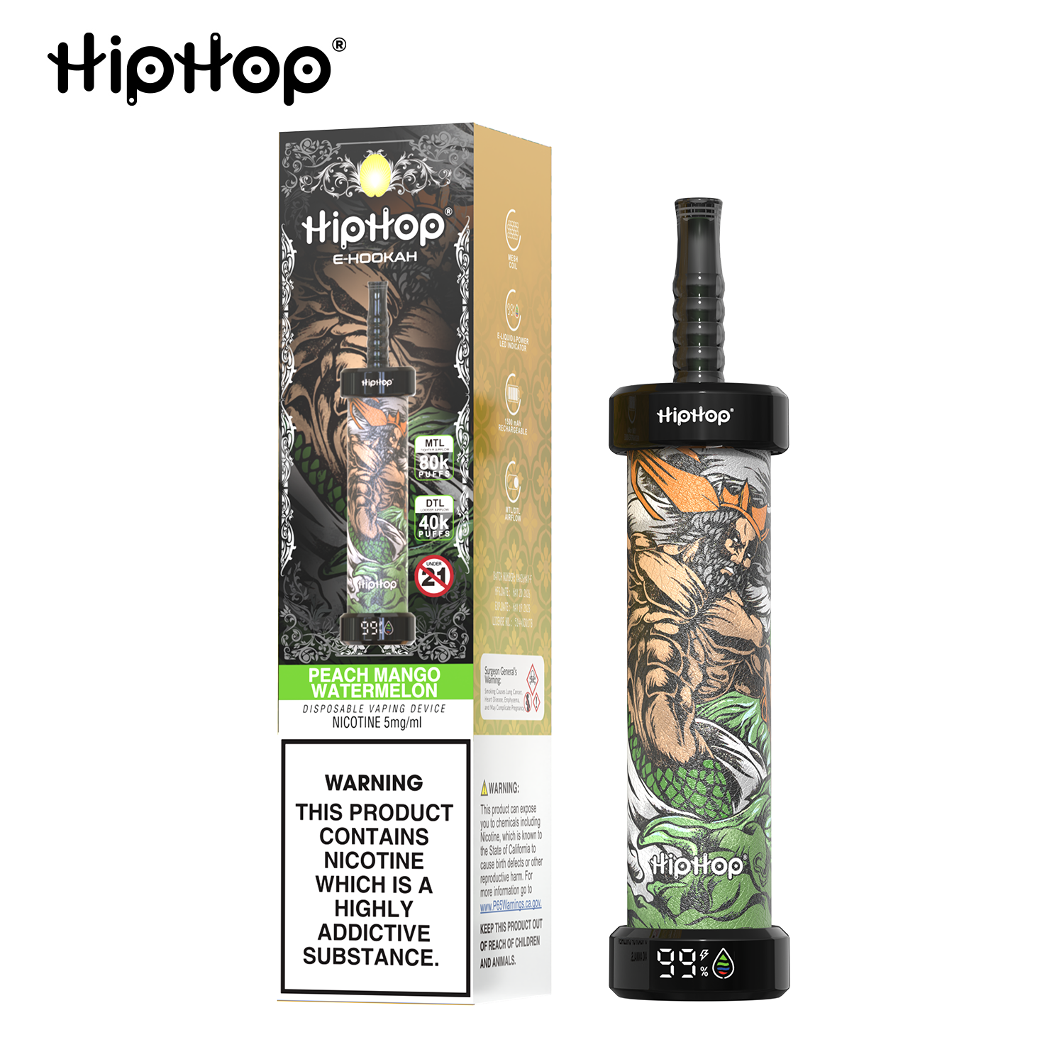 E-papieros HipHop E-Hookah 80K | Elektroniczna Szisza DTL/MTL | Ekran LED|Darmowa wysyłka