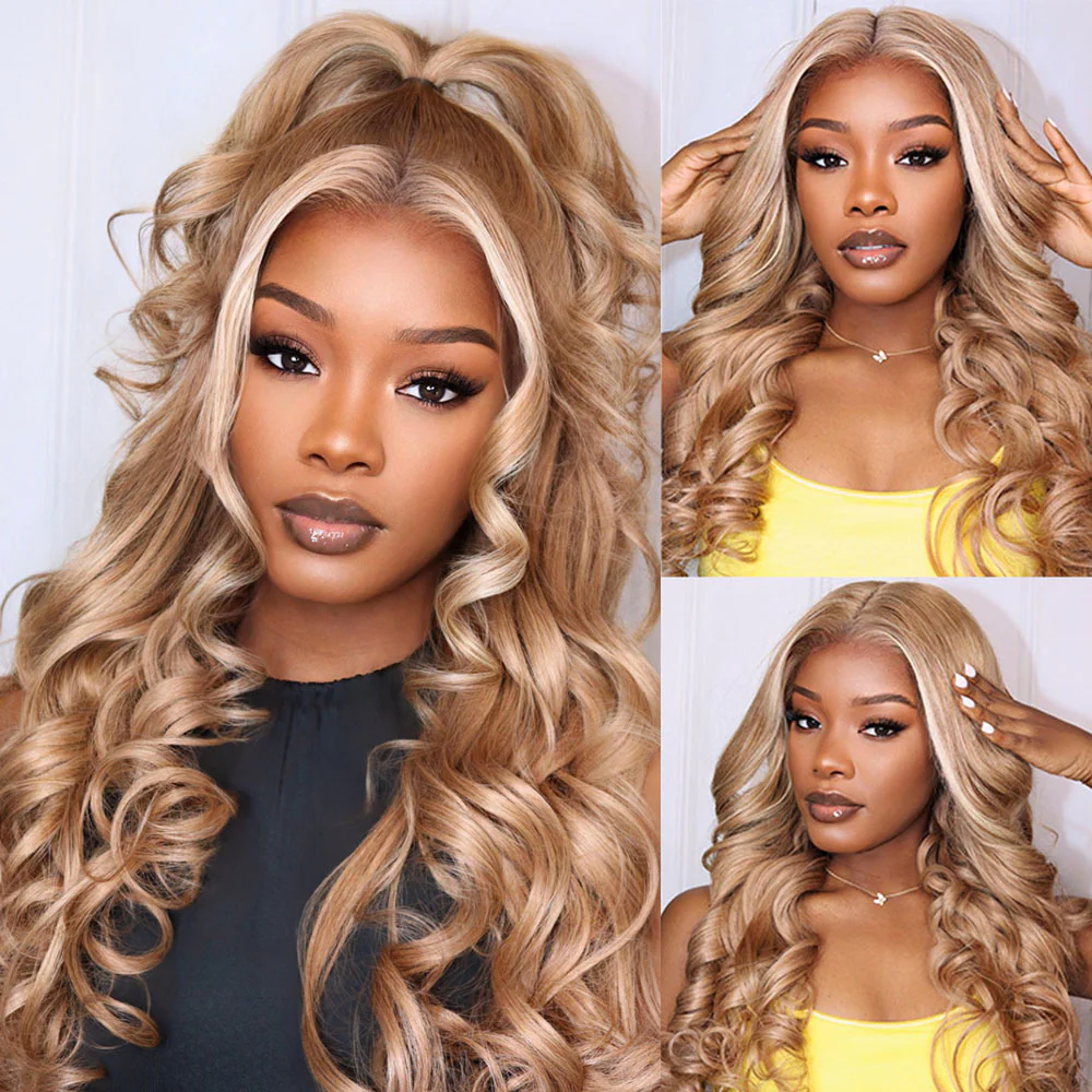 Megalook 13x6 Three-Go™ Milk Tea Brown With Highlight Glueless  Body Wave With Drawstring 100% Human Hair Wig