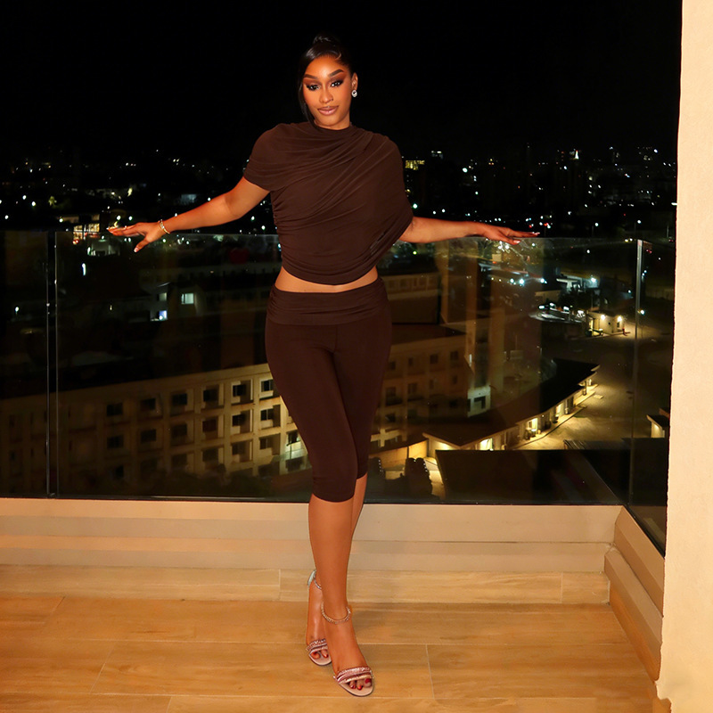 Women Spring Sexy Draped Top and Capri Pants Two-Piece Set