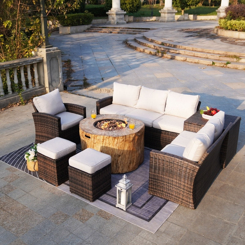7-piece Patio Wicker Garden Chat Sofa Set with Fire Pit Table and Storage Box