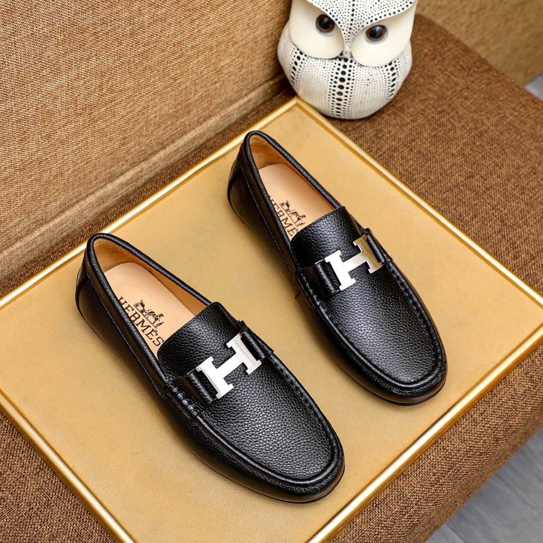 Hermes Men’S Loafer Moccasin Leather With H Silver Black