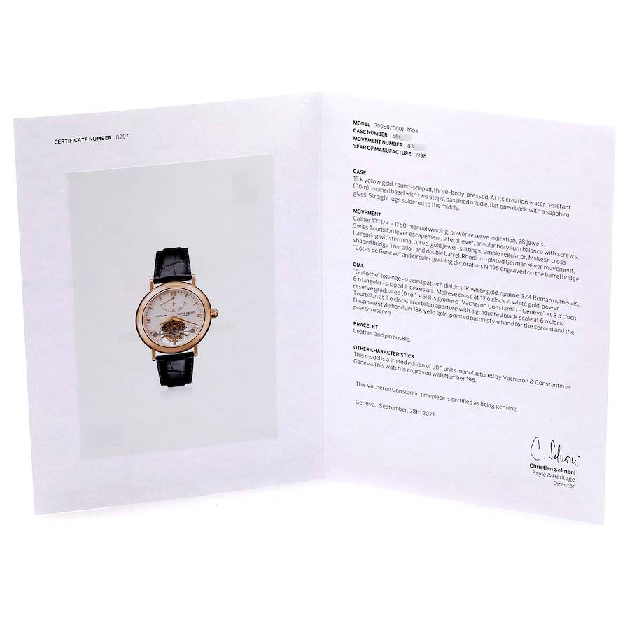 Vacheron Constantin Patrimony Tourbillon Yellow Gold Mens Watch 30050