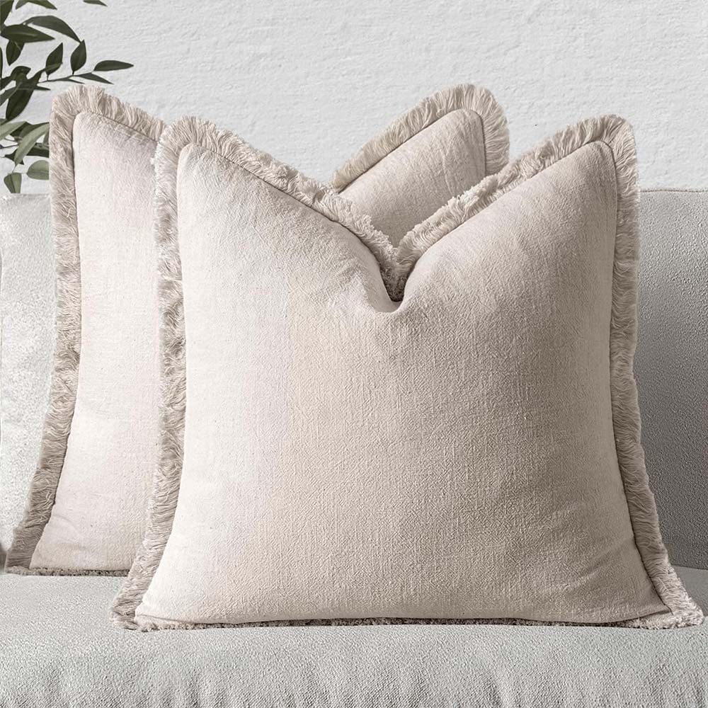 Linen Pillow Covers Natural Decorative Throw Pillows with Fringe (Pack of 2)