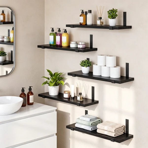 5 Pack Black Floating Shelves with Gold Brackets