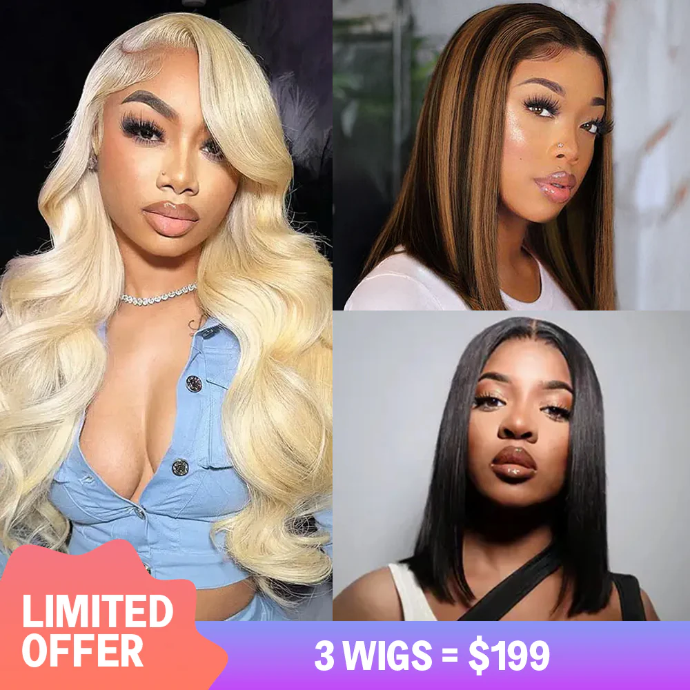 $199=3 Wigs | 24inch Glueless 6x5 Lace Closure #613 Blonde Color Body Wave + 12inch 13x4 Lace 1BP30 Bob Straight Wig 180% Density + 10inch 5x5 Lace Straight Bob Wig