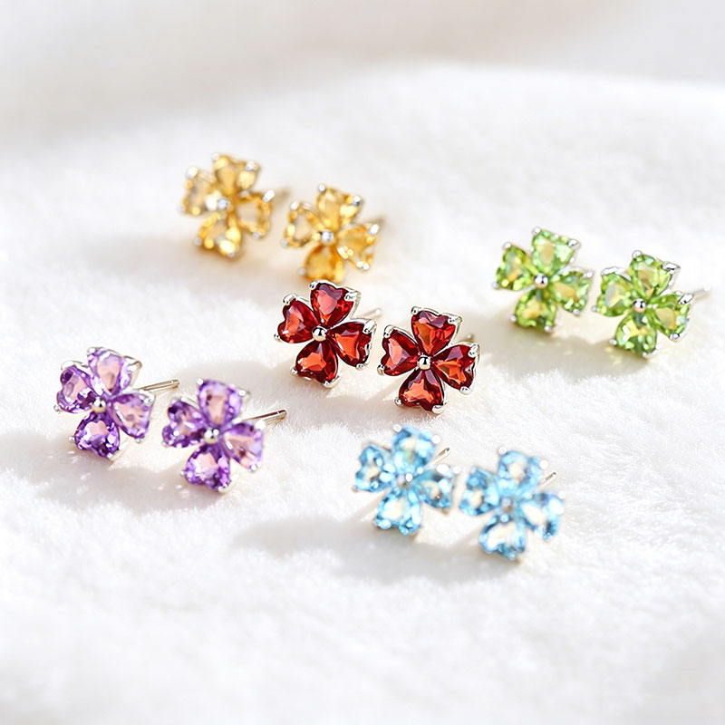 GemVibra Clover Stud Earrings, S925 Silver with Multi-Crystal Variants