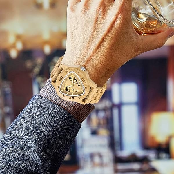 Men's Wooden Watch Triangle Skeleton Automatic Watch Mechanical Wood Watches for Men browm&yellow