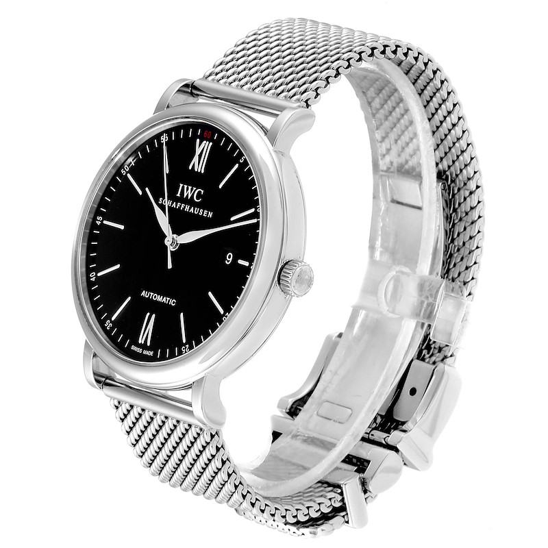 IWC Portofino Black Dial Mesh Bracelet Steel Mens Watch IW356506
