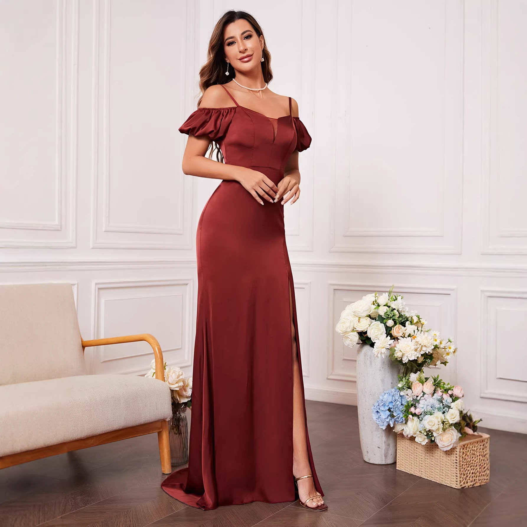 Women Burgundy Strappy Off-Shoulder Prom Elegant Dress