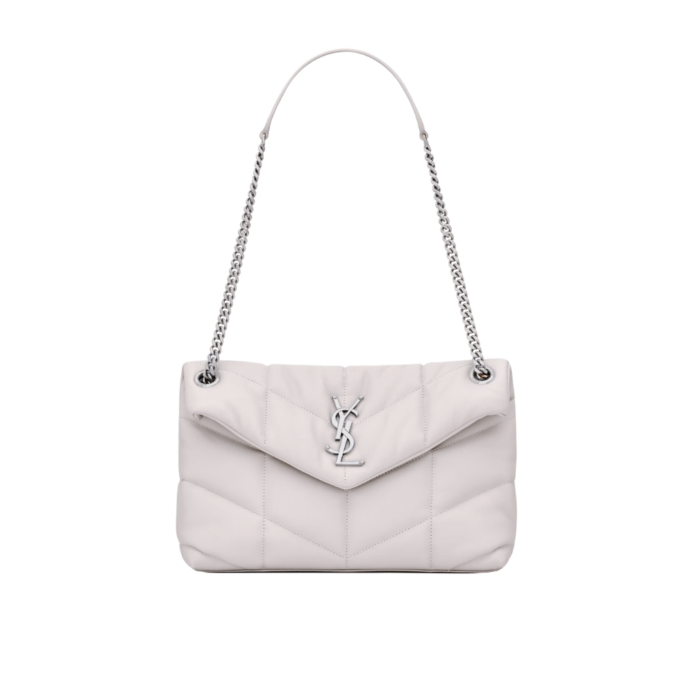 Saint Laurent Puffer Small In White Leather Silver Hardware 29cm
