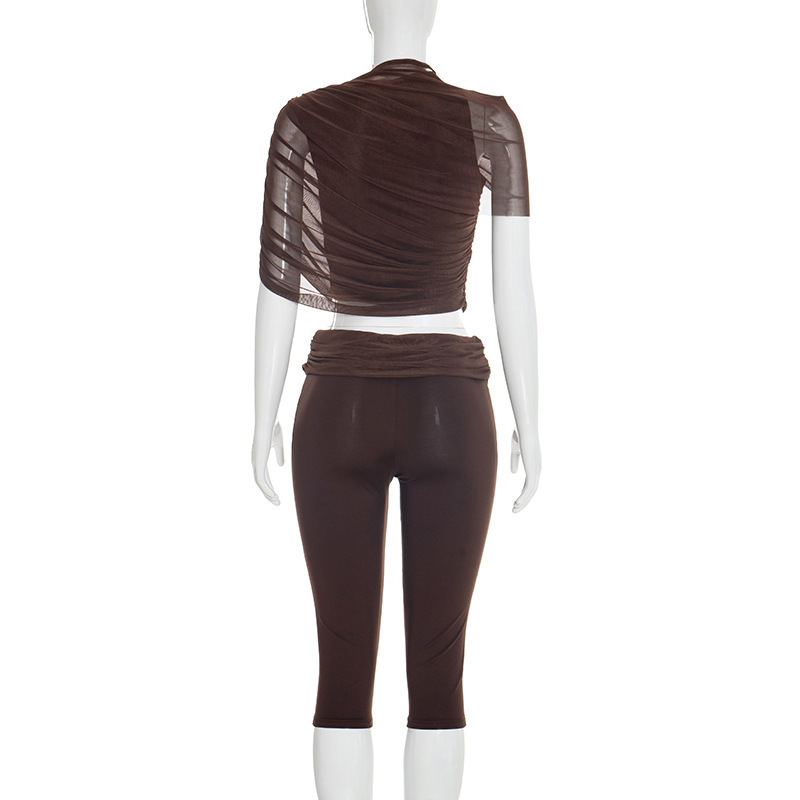 Women Spring Sexy Draped Top and Capri Pants Two-Piece Set