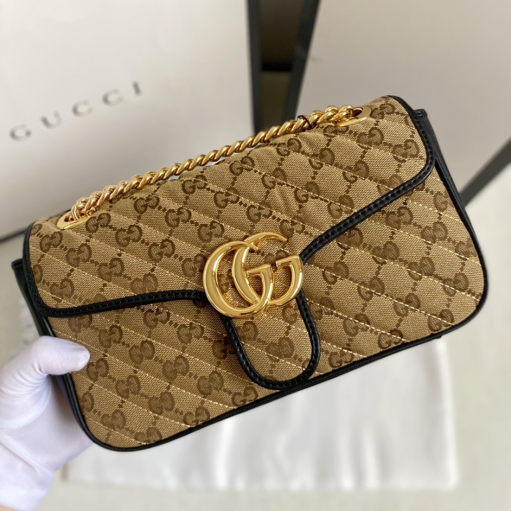 Gucci Gg Marmont Shoulder Bag Beige Black 26Cm 443497 Hvkeg 9772