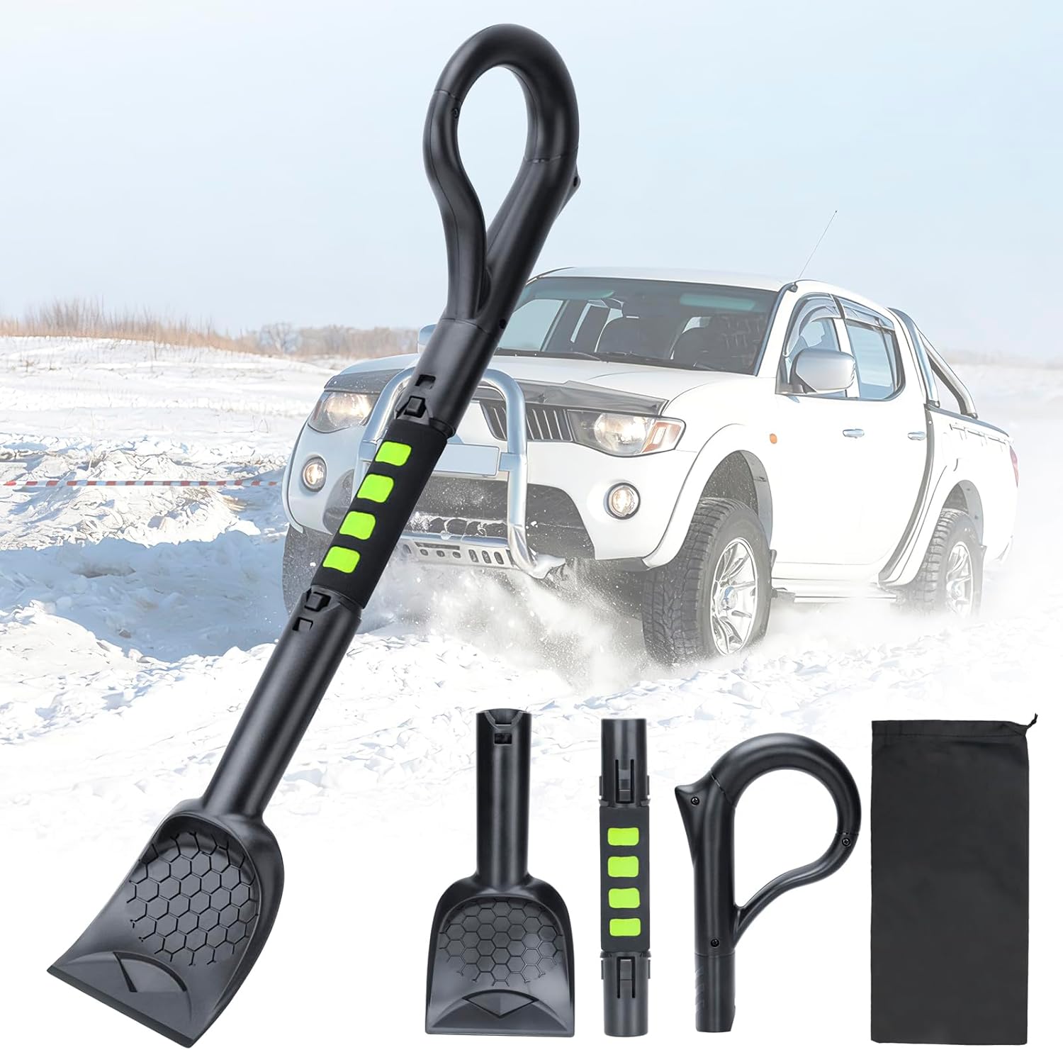 43.3” Snow Shovel & Snow Brush with Ice Scrapers for Car Windshield, 5-in-1 Extendable Thicken Aluminum Tube, 180?? Pivoting Brush Head & Foam Grip for Christmas, Cars, Trucks, SUVs, Vehicle – Green