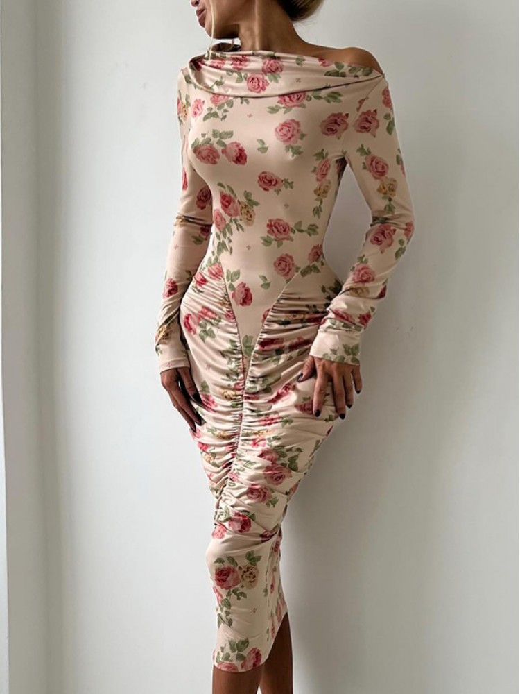 Pullover Ruched Long Sleeve Midi Dress