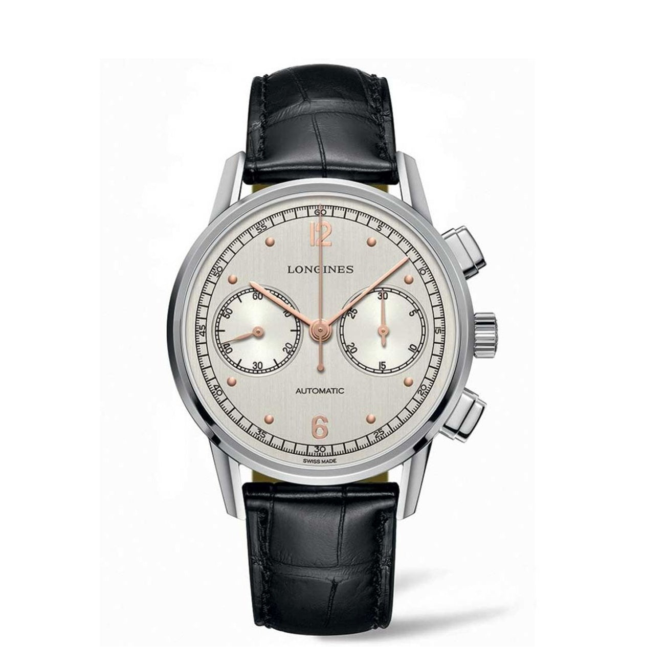 Longines Men's L2.814.4.76.0 Heritage Chronograph Black Leather Watch