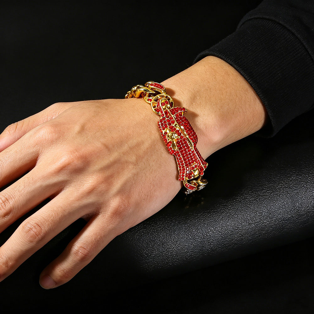 GemVibra Grim Reaper Cuban Link Bracelet with Rhinestone & Red Accents