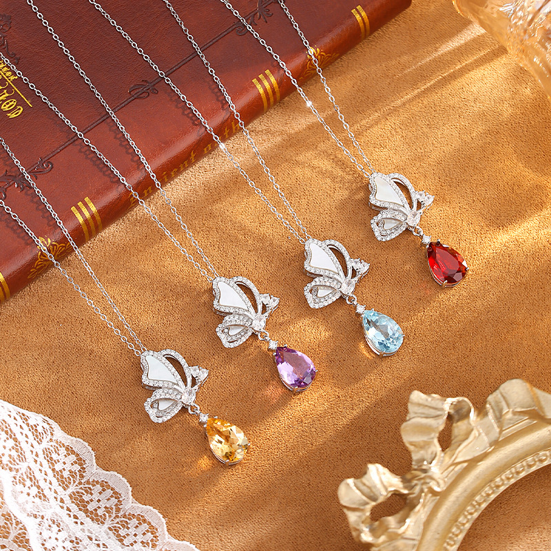 GemVibra Butterfly Pendant Necklace in 925 Silver with Gemstone Drop