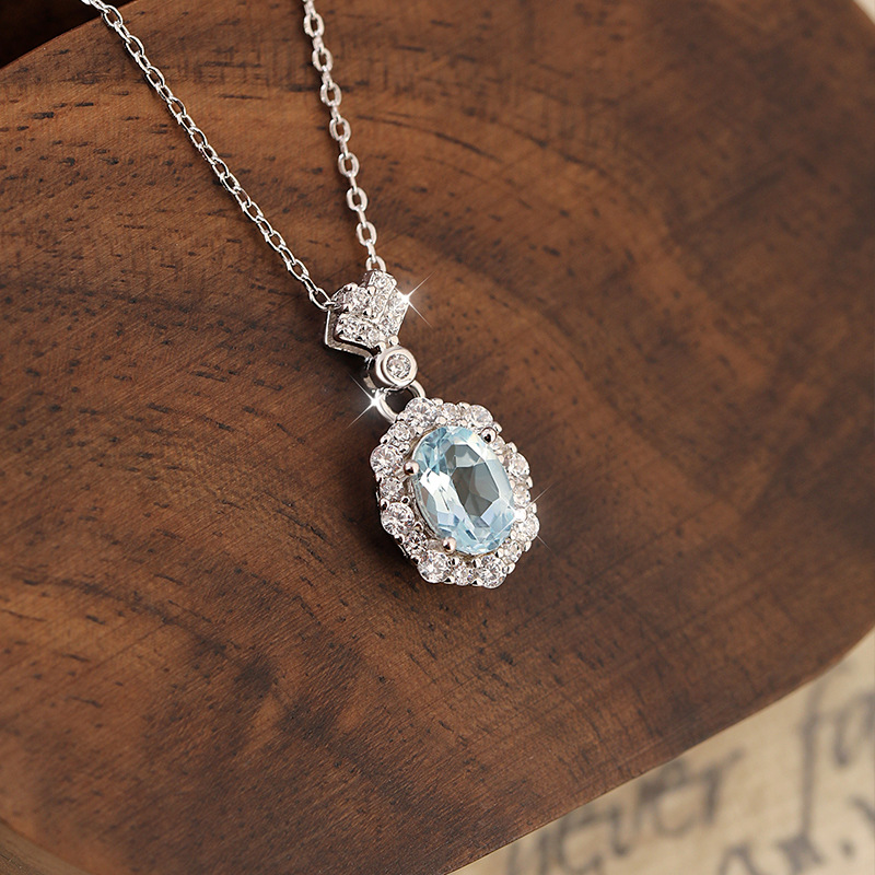 GemVibra Aquamarine Halo Pendant Necklace, S925 Silver with Rhinestone Accents