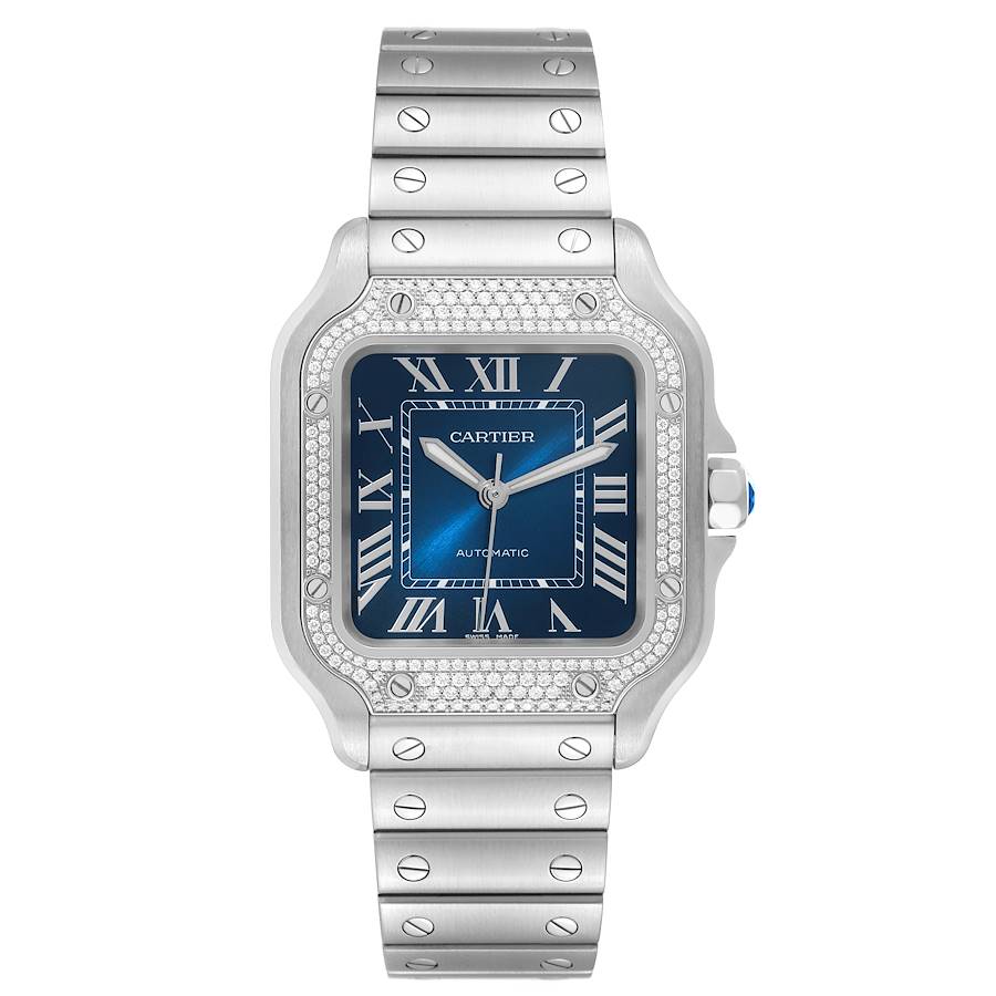 Cartier Santos Blue Dial Diamond Steel Mens Watch W4SA0006