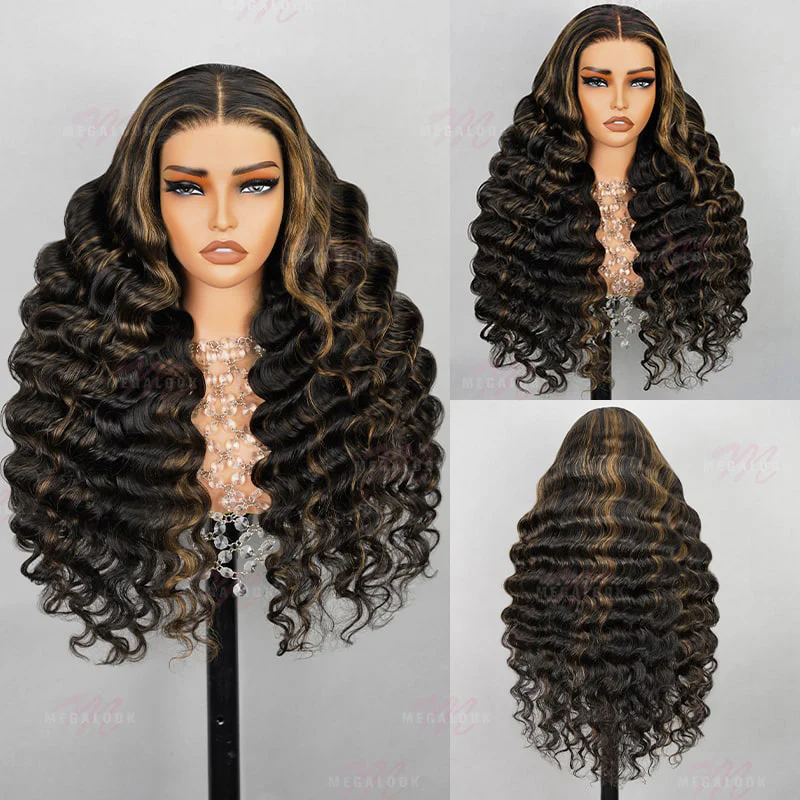 Megalook 24Inch 6x5 Invisible Knots Glueless Balayage Highlight Loose Deep Wave Wigs Realistic Hairline Beginner Friendly