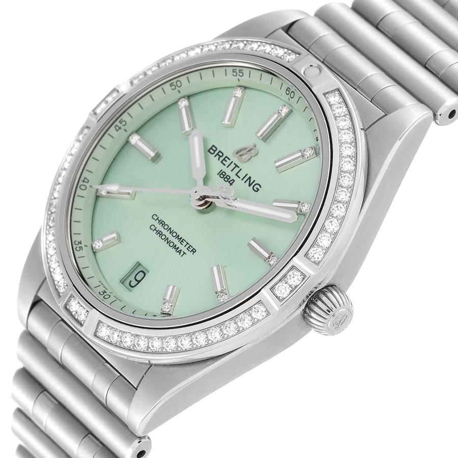 Breitling Chronomat Green Dial Steel Diamond Ladies Watch A10380