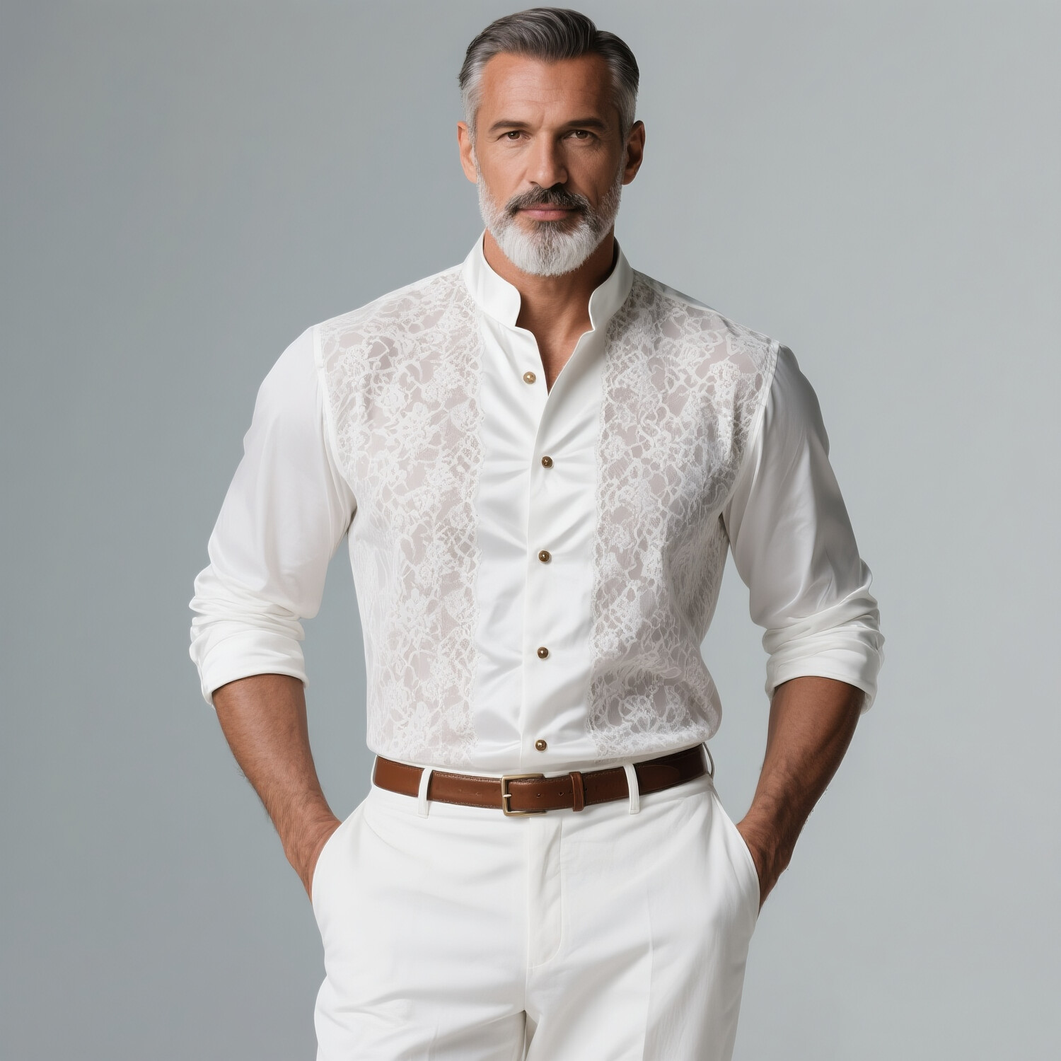 Men's Stand Collar Lace Patchwork Button Long Sleeve Shirt