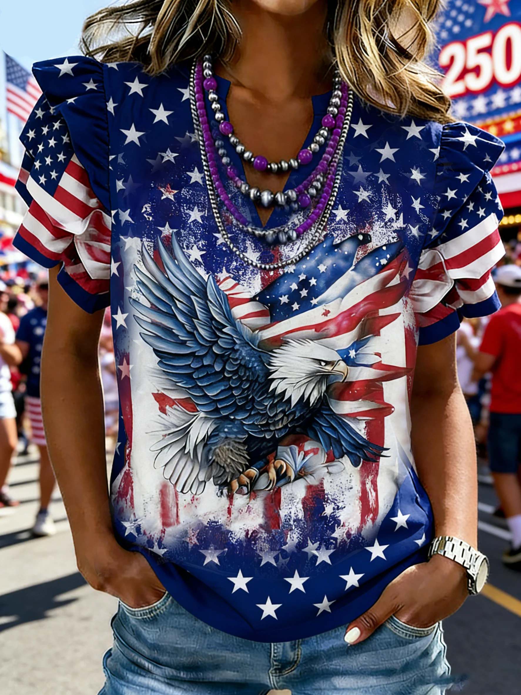 Women's patriotic 250th anniversary printed flag ruffled sleeve top