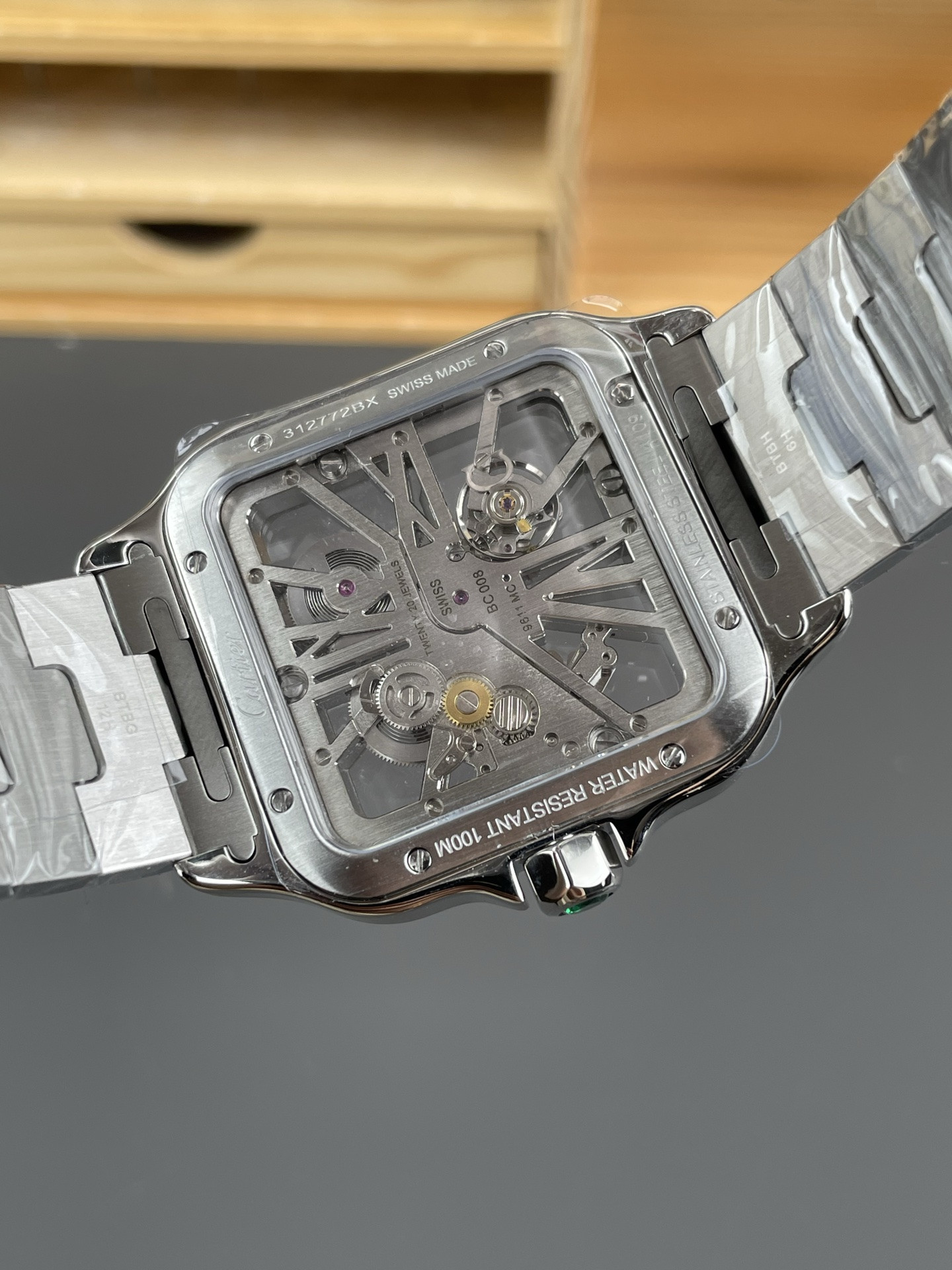 Santos Skeleton Series Steel Watch with Green Hands V2 Version