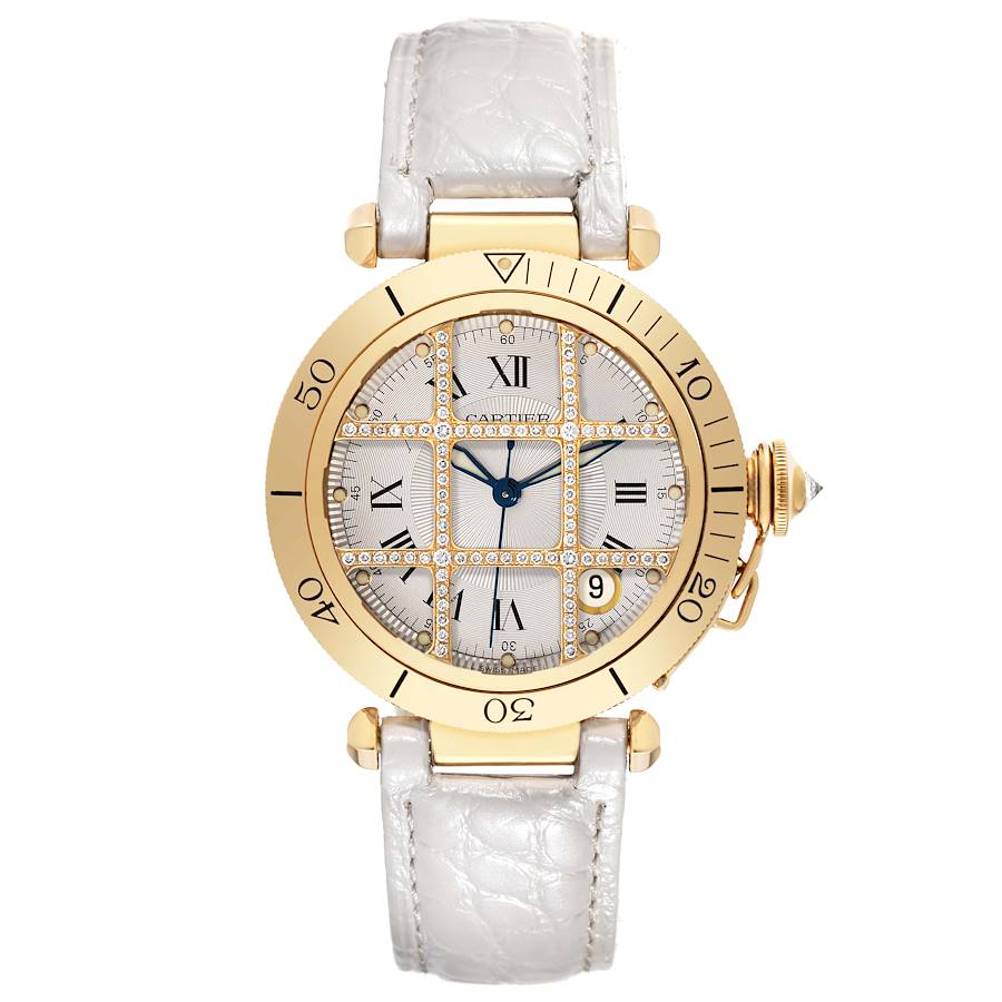 Cartier Pasha Grid 38 Yellow Gold Diamond Silver Dial Mens Watch 1023