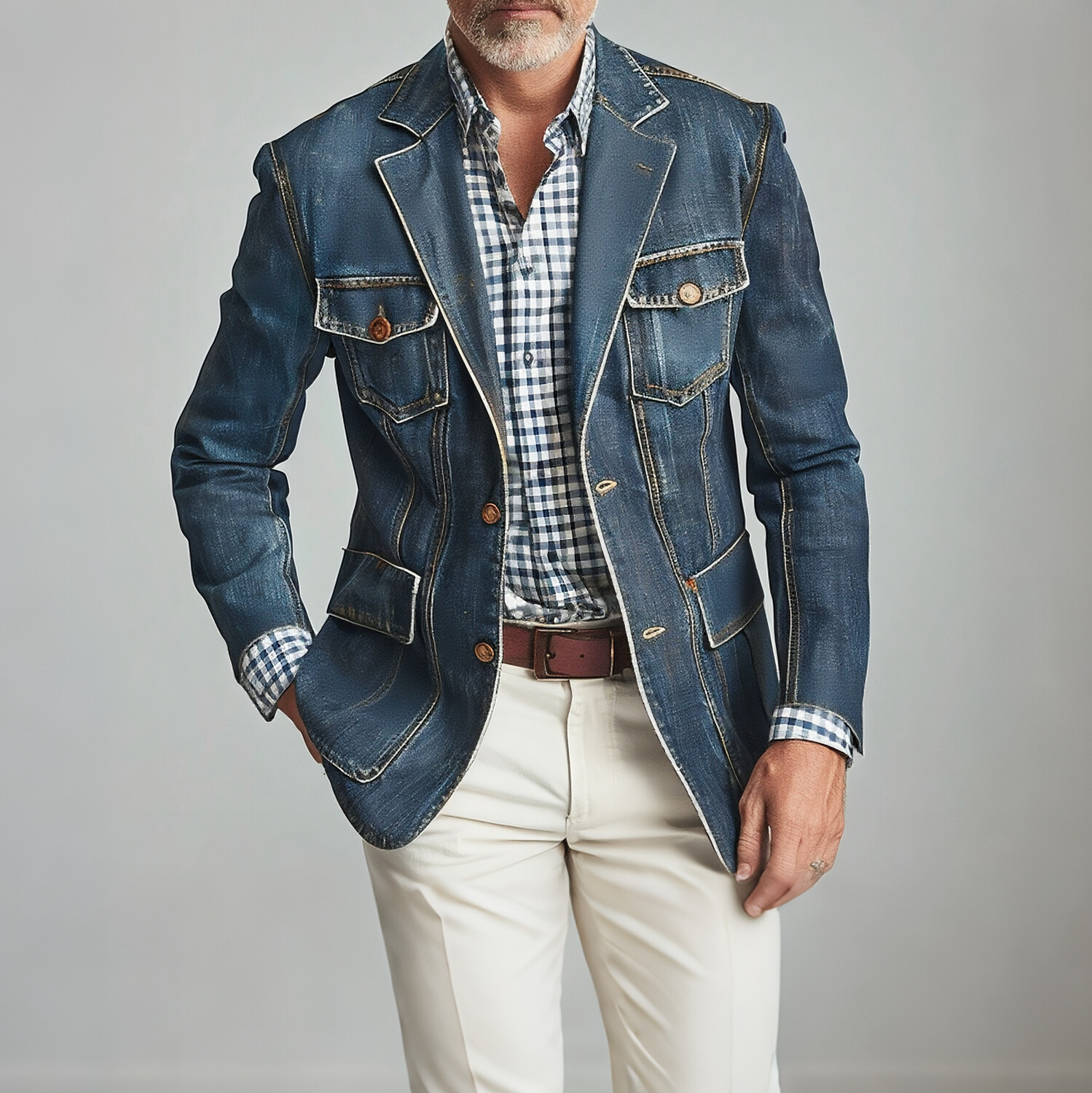 Men's Vintage Denim Notch Lapel Two Button Flap Pockets Long Sleeve Blazer