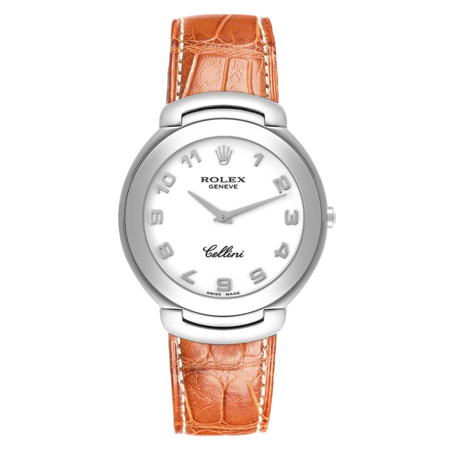 Rolex Cellini White Gold White Dial Brown Strap Mens Watch 6623