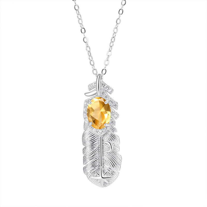 GemVibra Feather Pendant Necklace with Natural Multi-Gemstones (Amethyst, Citrine, Aquamarine, Peridot, Garnet)