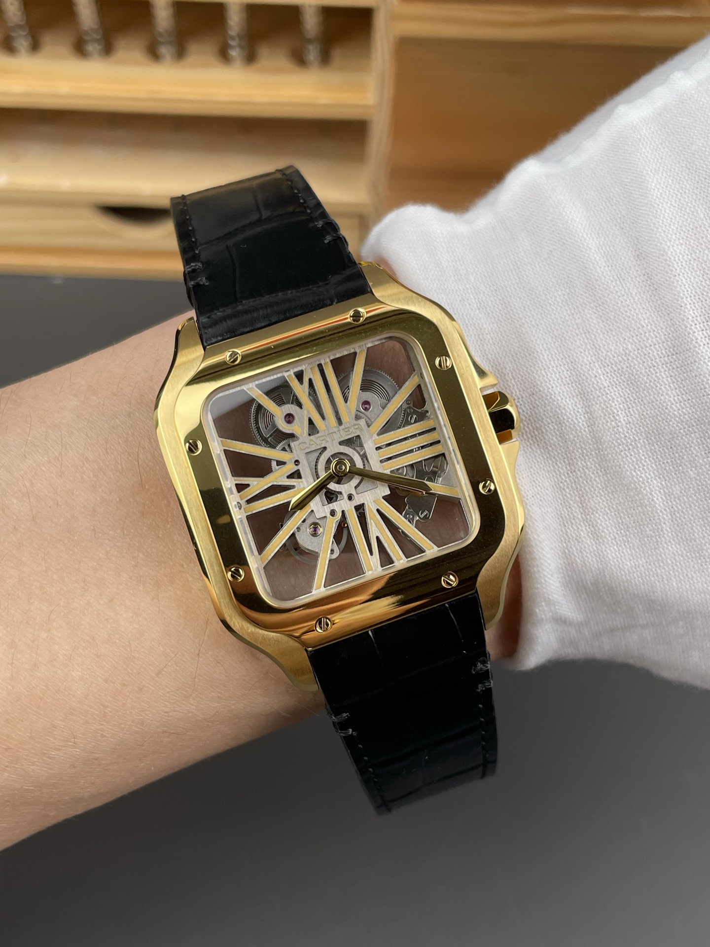 Santos Skeleton Series Leather Strap Gold Dial