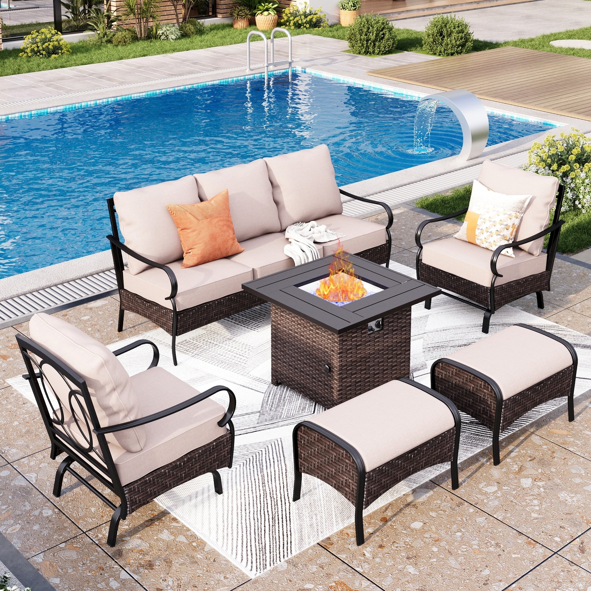MAISON ARTS Oversized 6-Piece Outdoor Patio Set with Fire Pit - 3-Seater Sofa, 2-Seater Sofa, Swivel Chairs, Ottomans (Beige)