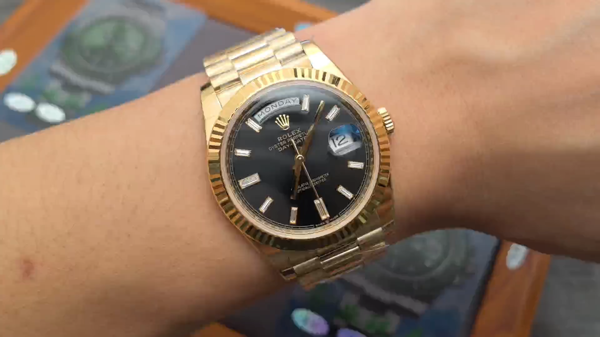 CC Rolex Day-Date 228238 0004 Black Diamond Dial Fluted Bezel 40mm Mens Replica Watch