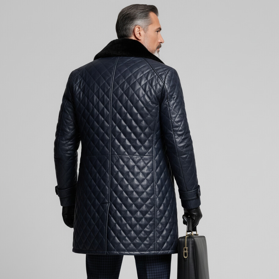 Men's Navy Blue Quilted PU Leather Fur Collar Double Breasted Long Sleeve Trench Coats