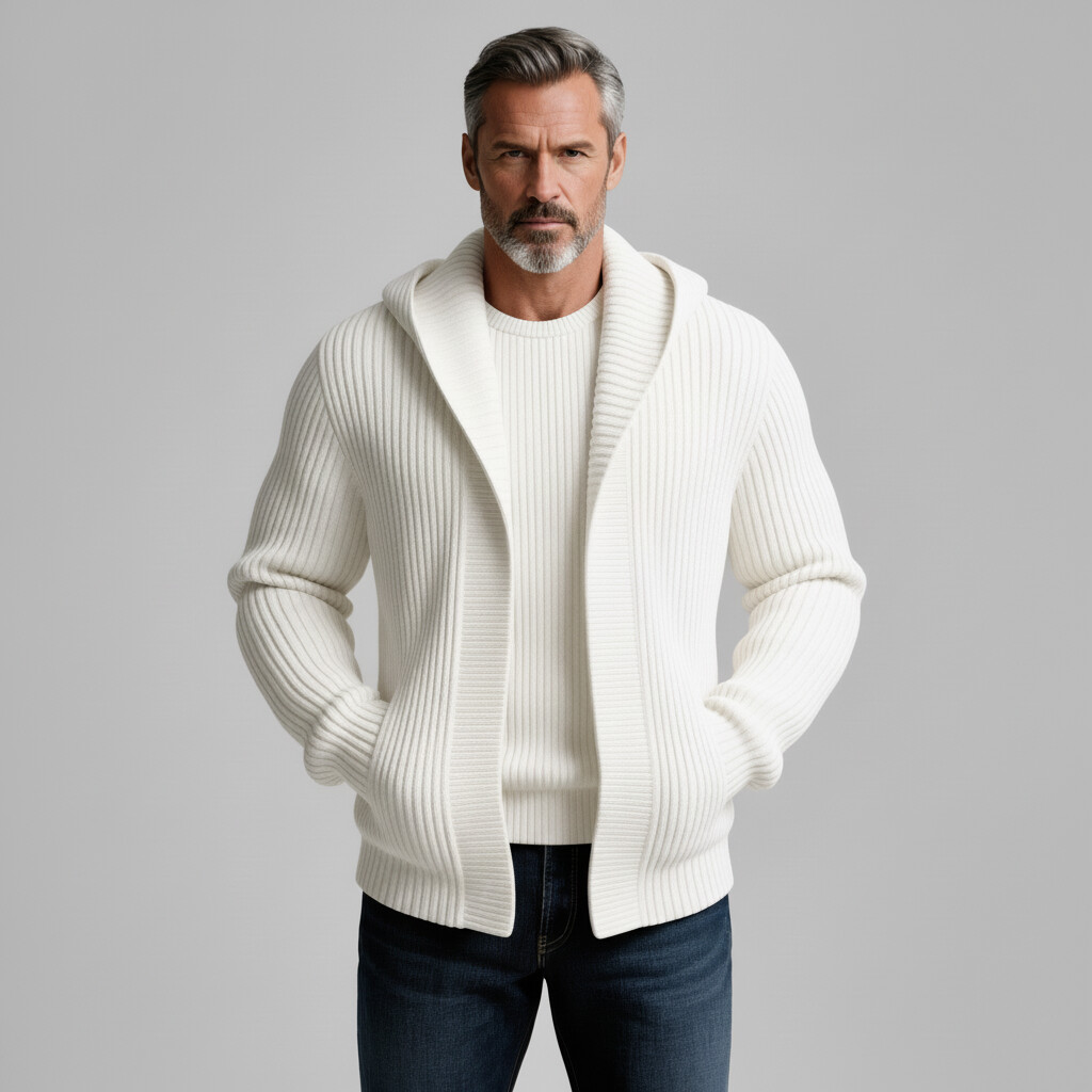 Men's White Ribbed Knit Pockets Long Sleeve Hooded Sweater Cardigan
