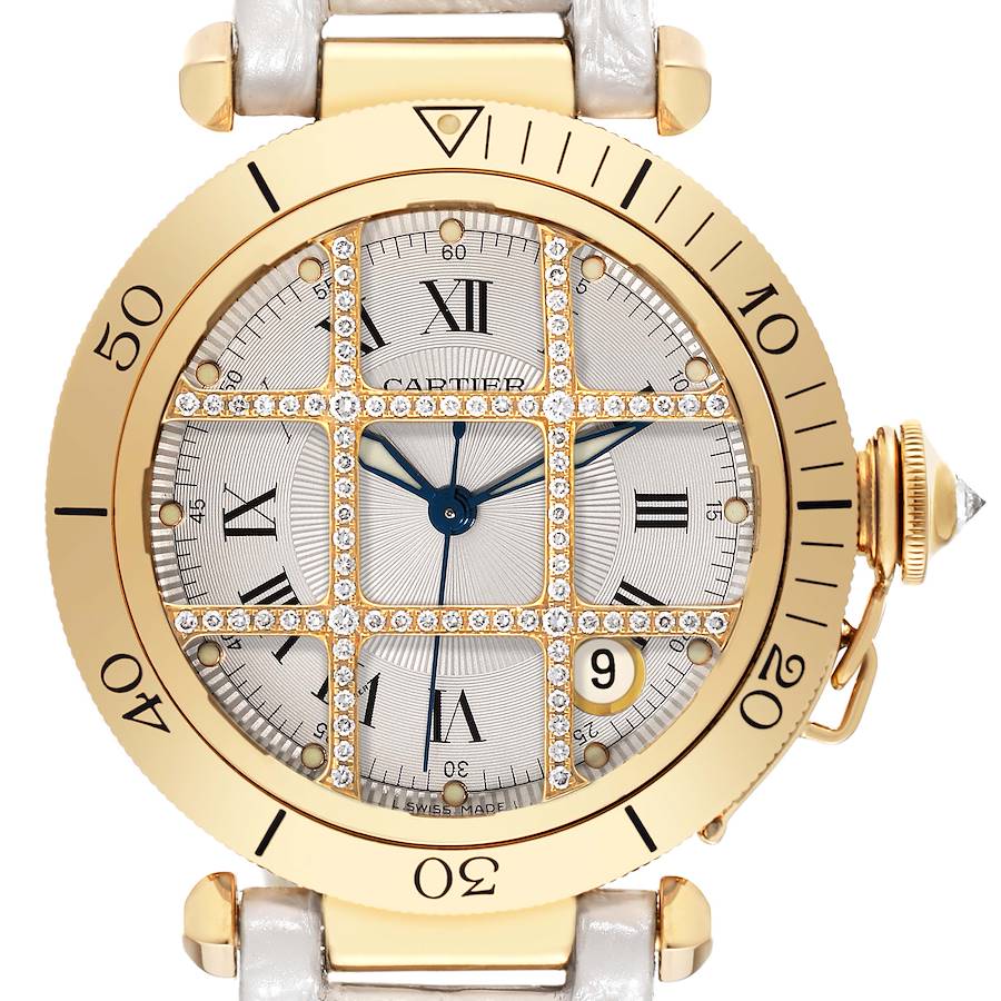 Cartier Pasha Grid 38 Yellow Gold Diamond Silver Dial Mens Watch 1023